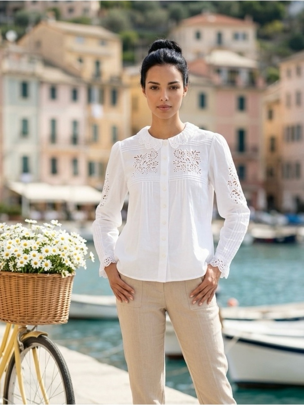 Vintage White Eyelet Lace Peter Pan Collar Embroidered Cottagecore Cotton Blouse